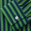 View 2 of product The Turnbull & Asser Green and Navy Candy Stripe Silk Weekend Fit Harold Shirt features long sleeves, a button-up front, collar, and cuffs, displayed laid flat on a white background.