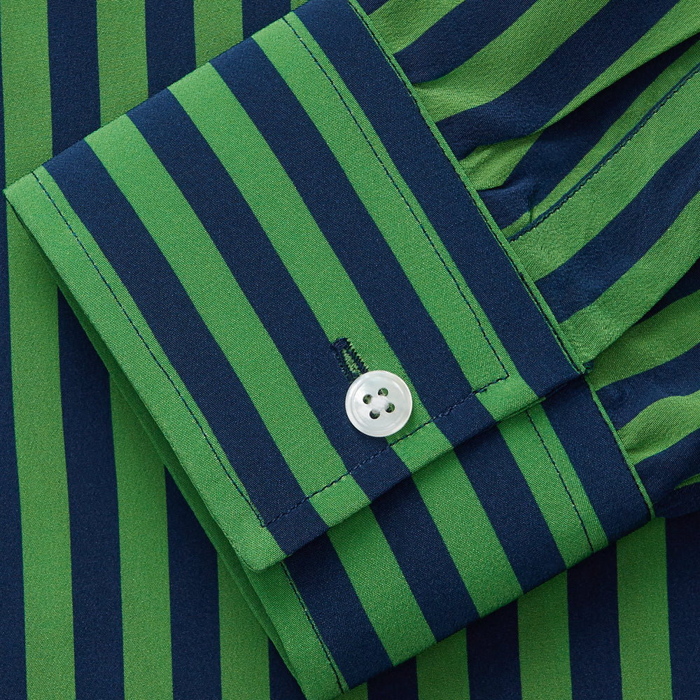 The Turnbull & Asser Green and Navy Candy Stripe Silk Weekend Fit Harold Shirt features long sleeves, a button-up front, collar, and cuffs, displayed laid flat on a white background.