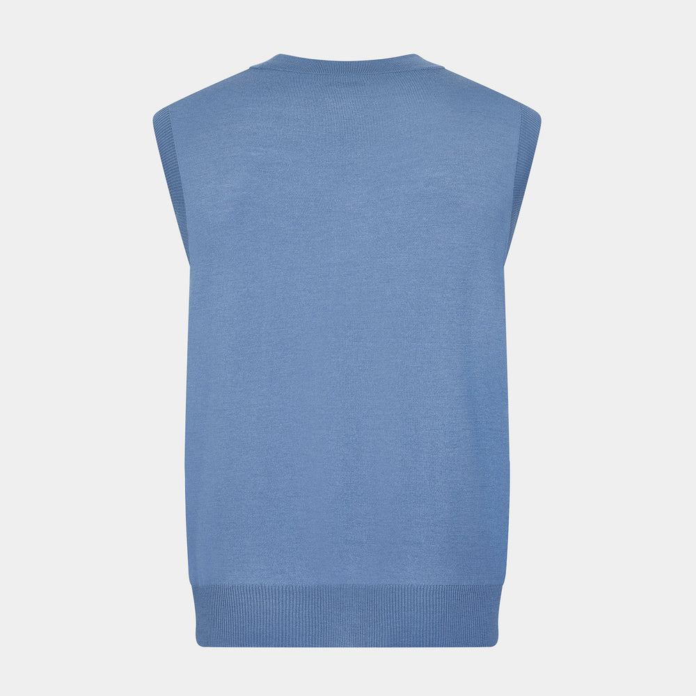 Turnbull & Asser’s Pale Blue Merino V-neck Sleeveless Cardigan features a button-up front, two pockets, and ribbed hem—a classic gentleman’s piece shown on a plain white background.