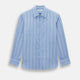 The Sky Blue Track Stripe Westminster Shirt by Turnbull & Asser features long sleeves, a Turnbull collar, and vertical dark blue and white stripes, displayed flat on a white surface.