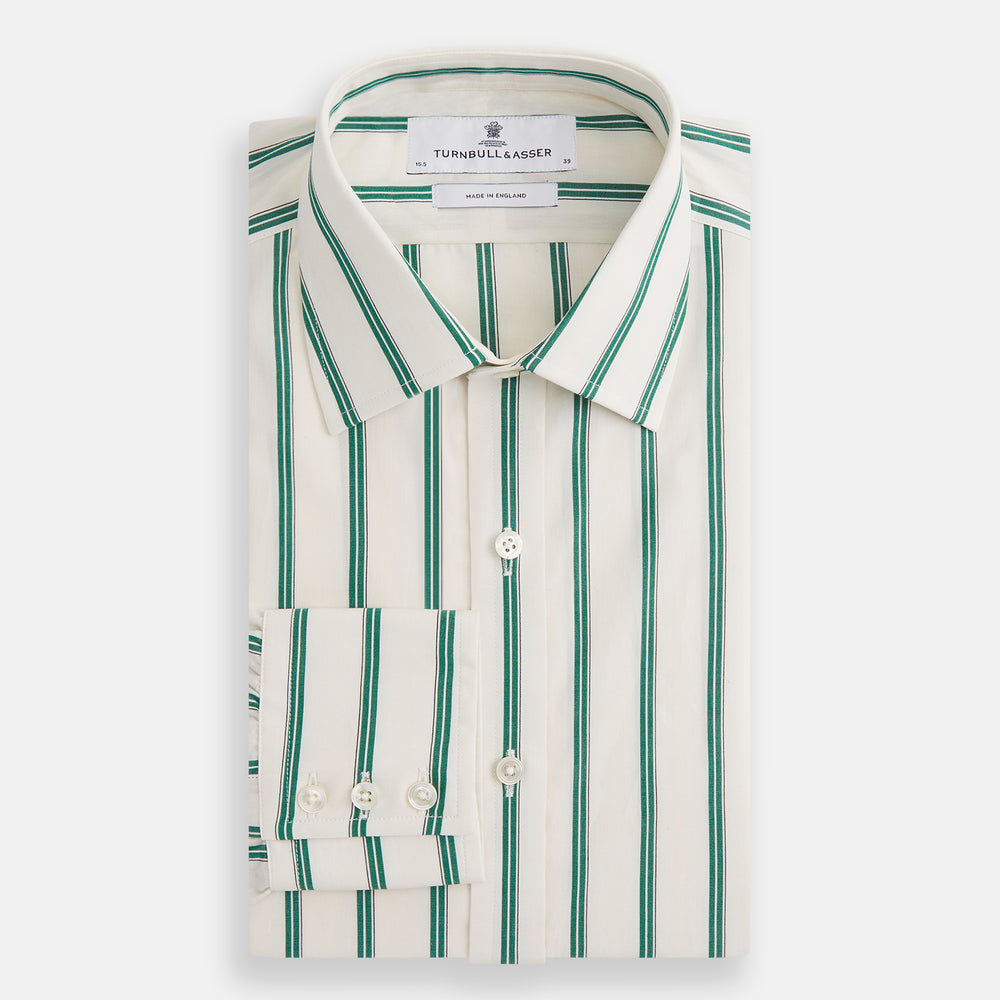 Elevate your wardrobe with the Turnbull & Asser Green Double Track Stripe Mayfair Shirt, crafted from soft organic cotton with a white base, classic collar, and buttoned cuffs—shown against a plain white background.