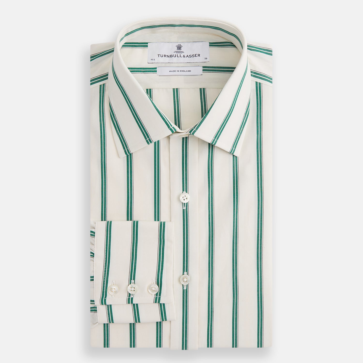 View 5 of product Elevate your wardrobe with the Turnbull & Asser Green Double Track Stripe Mayfair Shirt, crafted from soft organic cotton with a white base, classic collar, and buttoned cuffs—shown against a plain white background.