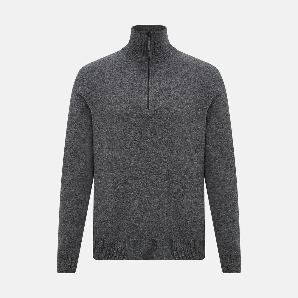 The Turnbull & Asser Charcoal Grey Melange Half-Zip Cashmere Jumper features a high collar, quarter-zip design, and long sleeves, shown against a plain white background.