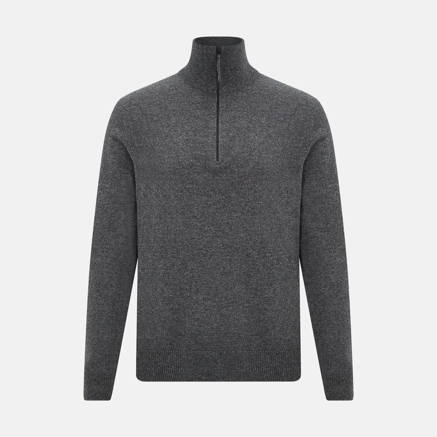 View 1 of product The Turnbull & Asser Charcoal Grey Melange Half-Zip Cashmere Jumper features a high collar, quarter-zip design, and long sleeves, shown against a plain white background.
