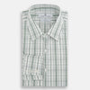 View 5 of product The Turnbull & Asser Sage Green Plaid Check Westminster Shirt features a collared, long-sleeve button-up design with a white base and sage green plaid pattern, showcasing classic British craftsmanship against a clean white background.