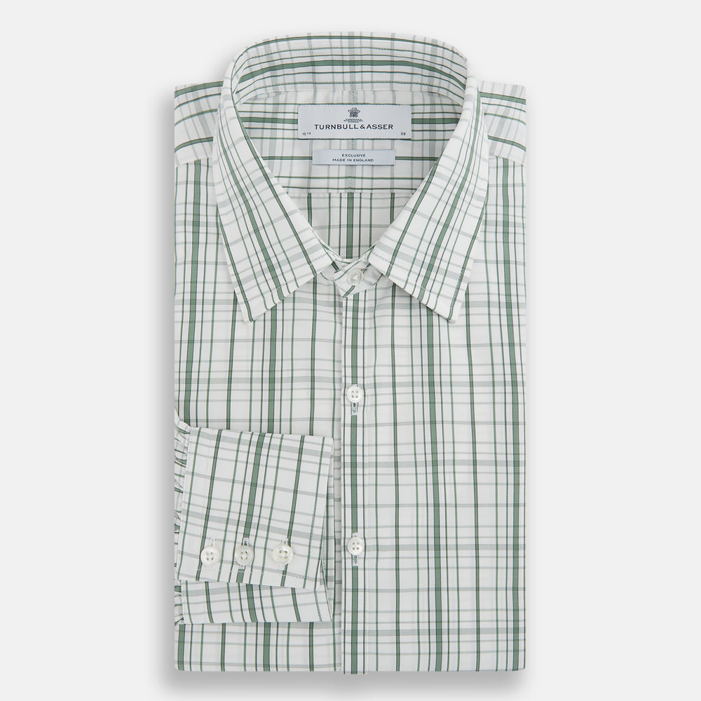 The Turnbull & Asser Sage Green Plaid Check Westminster Shirt features a collared, long-sleeve button-up design with a white base and sage green plaid pattern, showcasing classic British craftsmanship against a clean white background.