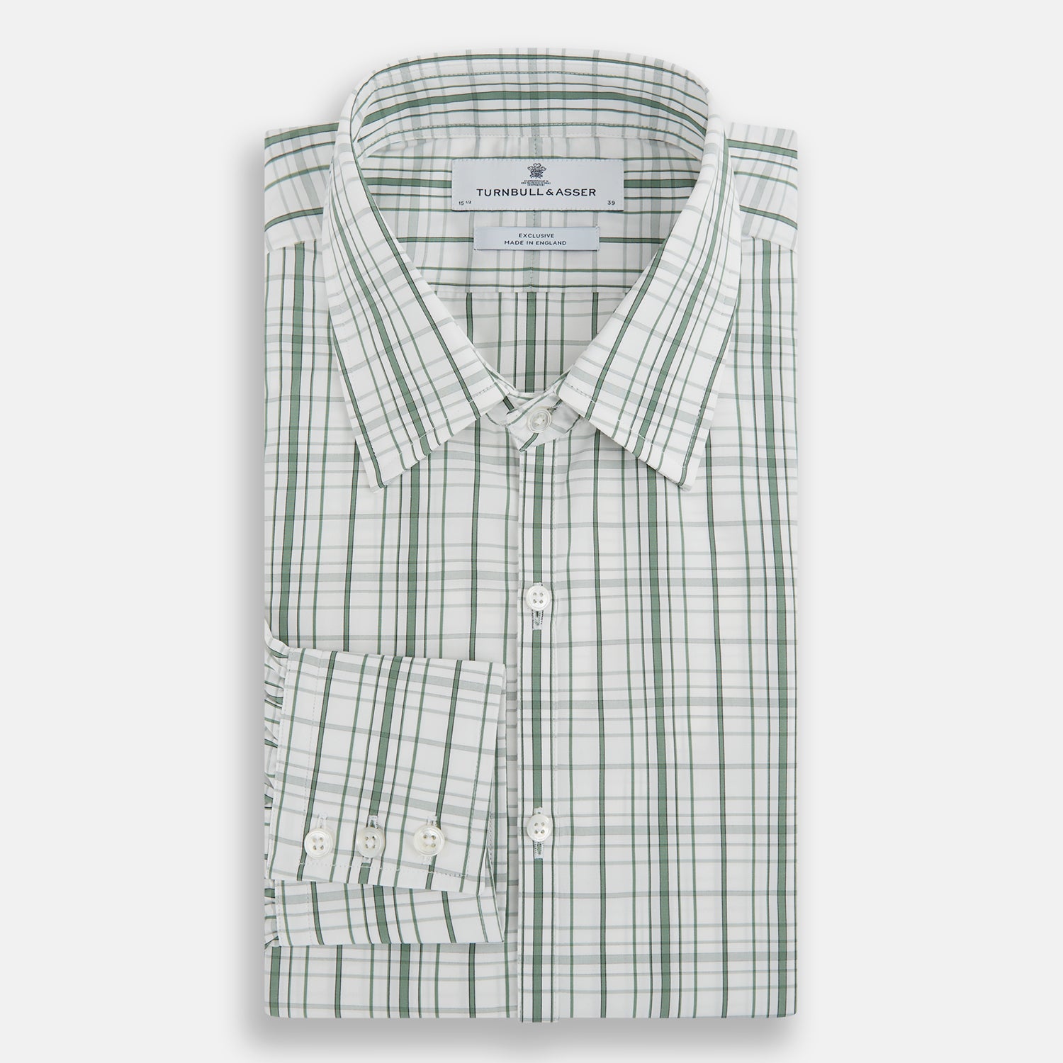 View 5 of product The Turnbull & Asser Sage Green Plaid Check Westminster Shirt features a collared, long-sleeve button-up design with a white base and sage green plaid pattern, showcasing classic British craftsmanship against a clean white background.