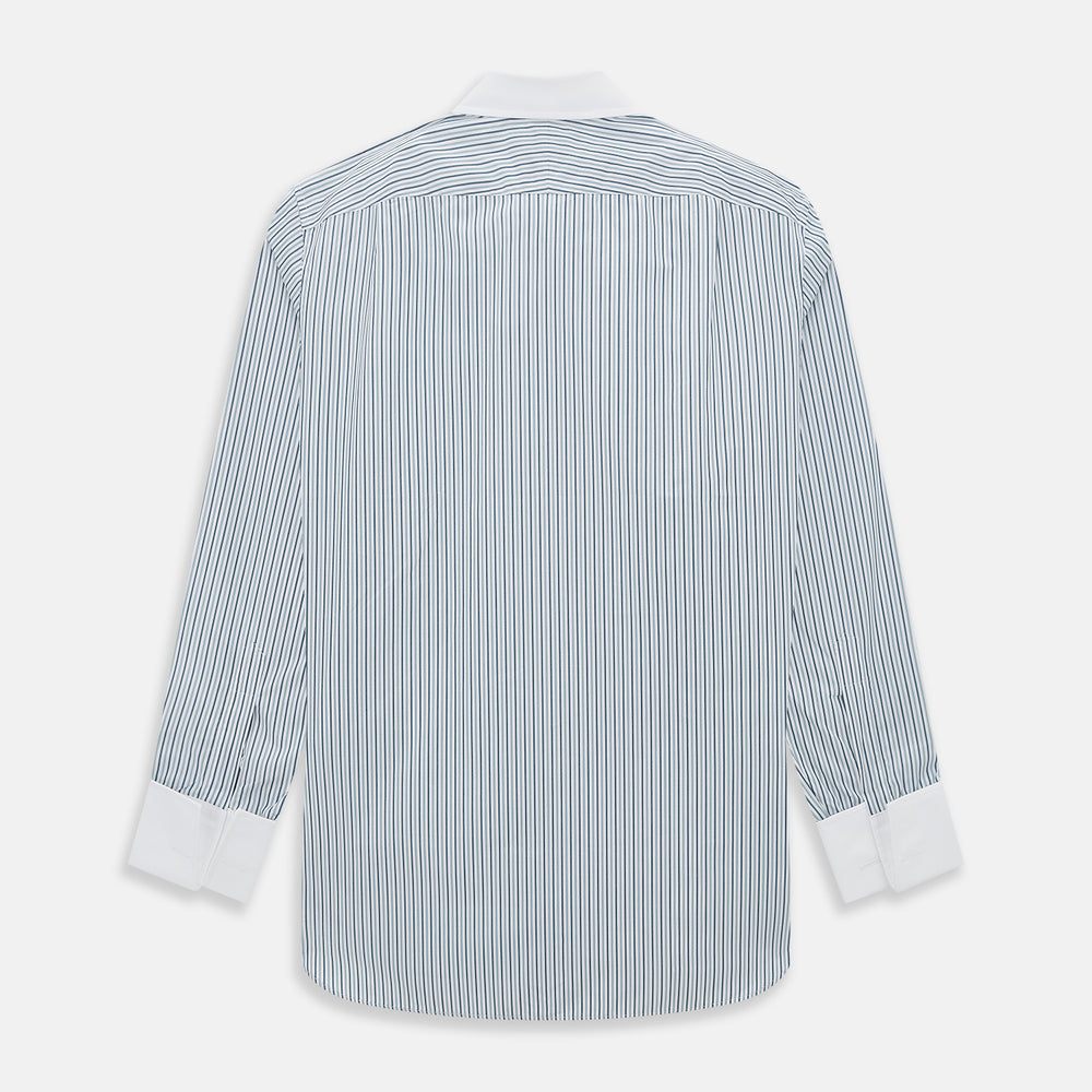 The Turnbull & Asser Green Double Stripe Shirt features a button-up design, contrast T&A collar and cuffs, and is laid flat on a white background.