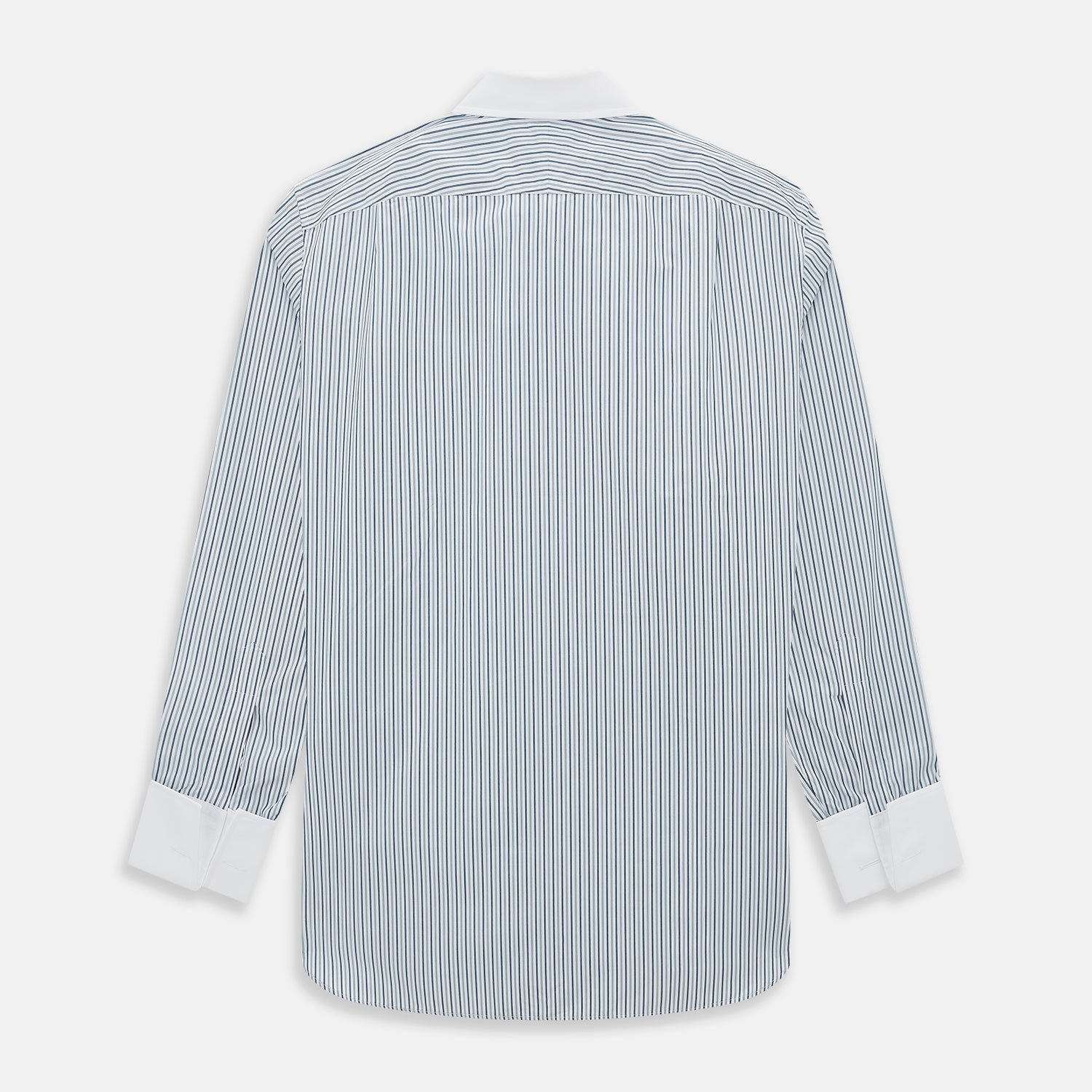 View 3 of product The Turnbull & Asser Green Double Stripe Shirt features a button-up design, contrast T&A collar and cuffs, and is laid flat on a white background.