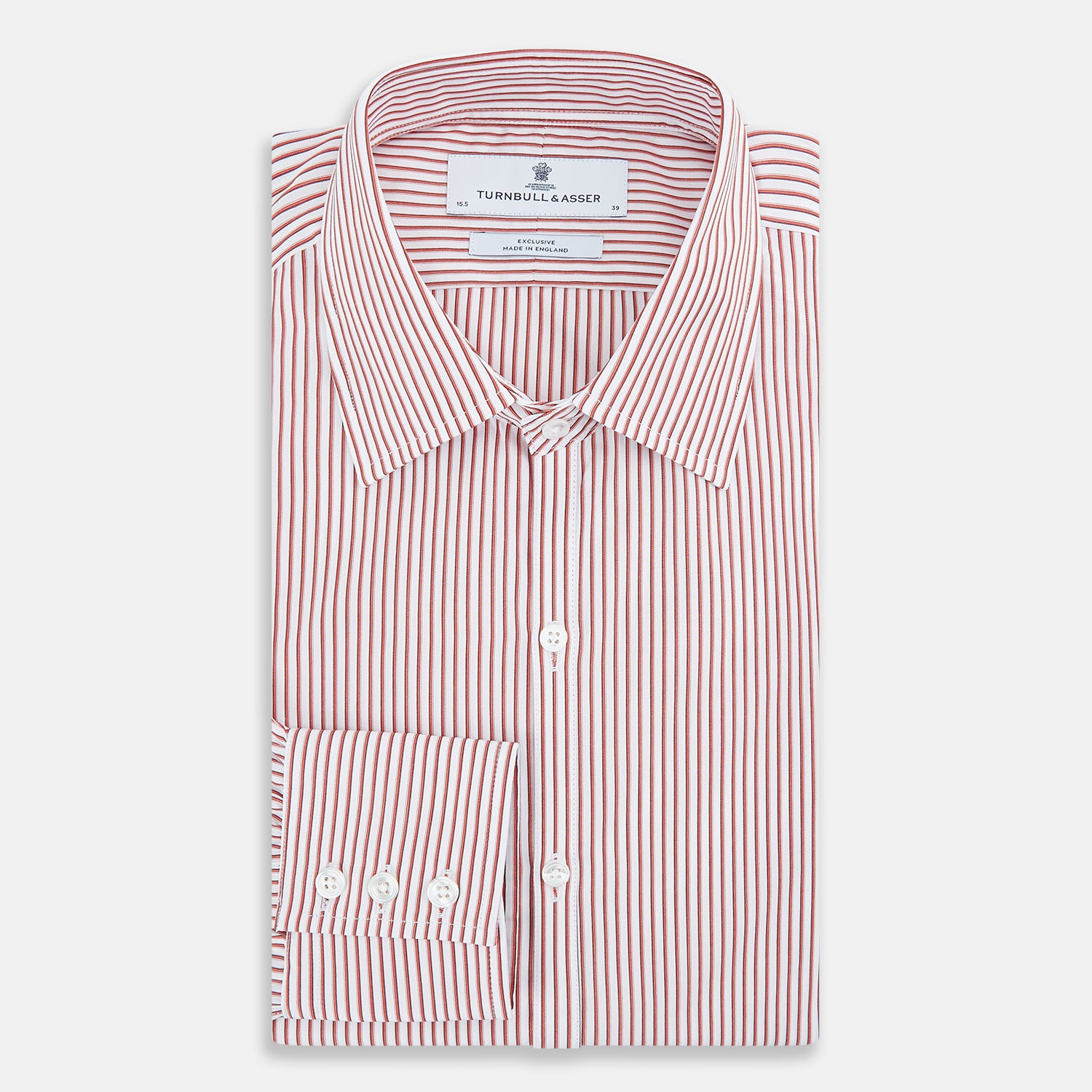 View 5 of product The Red Shadow Stripe Westminster Shirt by Turnbull & Asser features long sleeves, a Turnbull collar, thin red and white vertical stripes, white buttons, and showcases British craftsmanship against a plain white background.