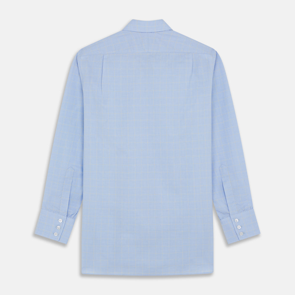 A Turnbull & Asser Yellow and Blue Prince of Wales Check Mayfair Shirt with white buttons and a classic collar, laid flat on a white background.
