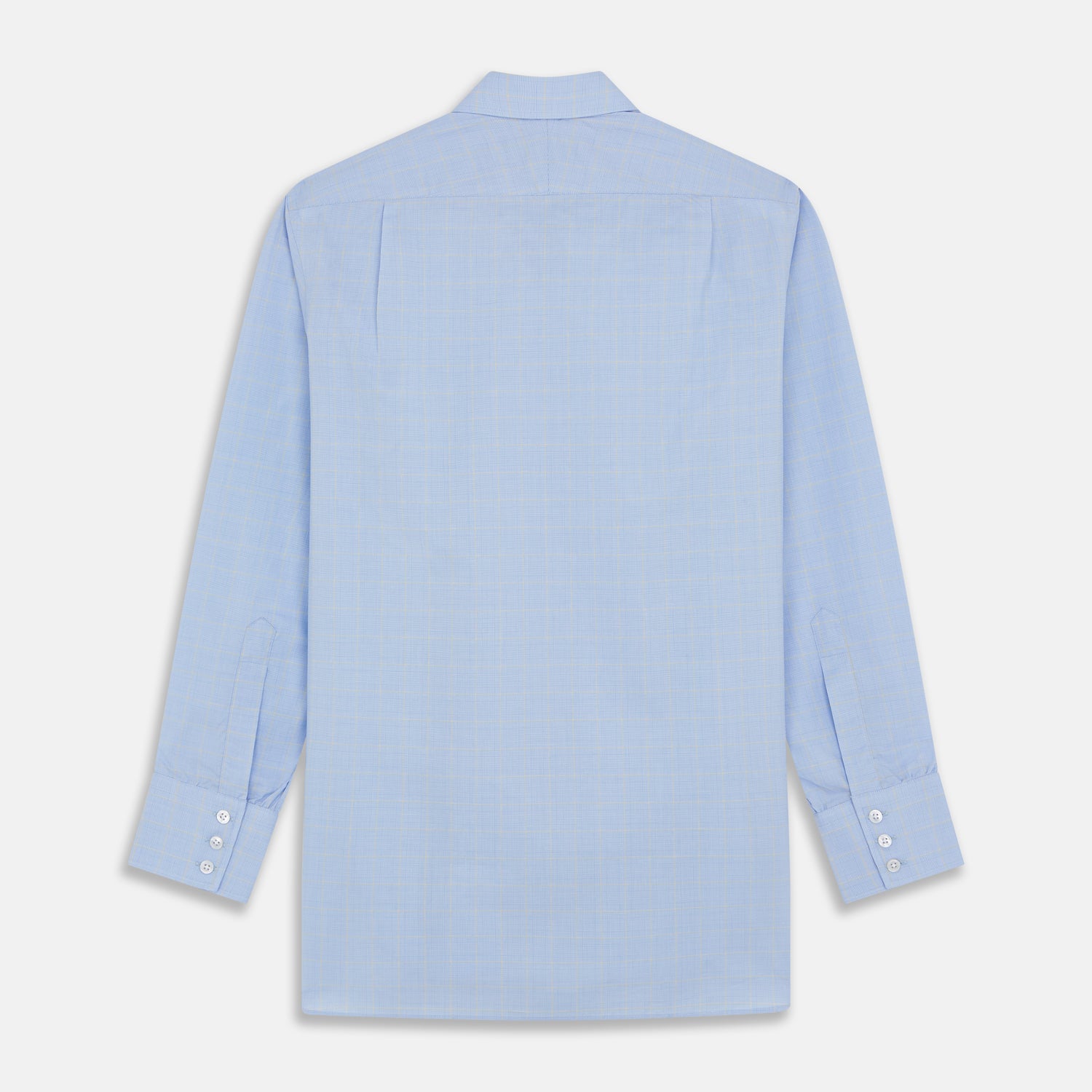 View 5 of product A Turnbull & Asser Yellow and Blue Prince of Wales Check Mayfair Shirt with white buttons and a classic collar, laid flat on a white background.