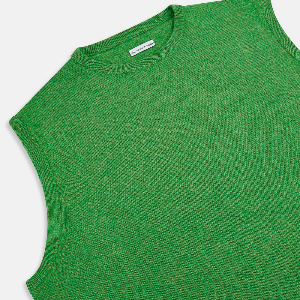 The Turnbull & Asser Grass Green Cashmere Round Neck Vest is a sleeveless knit with ribbed edges, shown here against a plain white background.