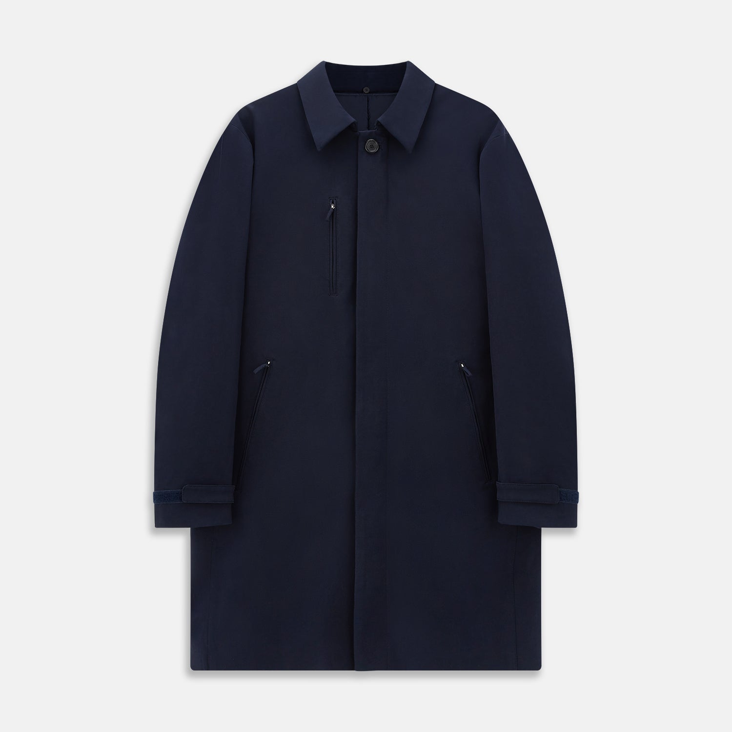 View 1 of product A Navy John Arthur Trench Coat by Turnbull & Asser, featuring a collar, button closure, adjustable cuff straps, two slanted front pockets, and a chest zip pocket, is displayed flat on a white background.