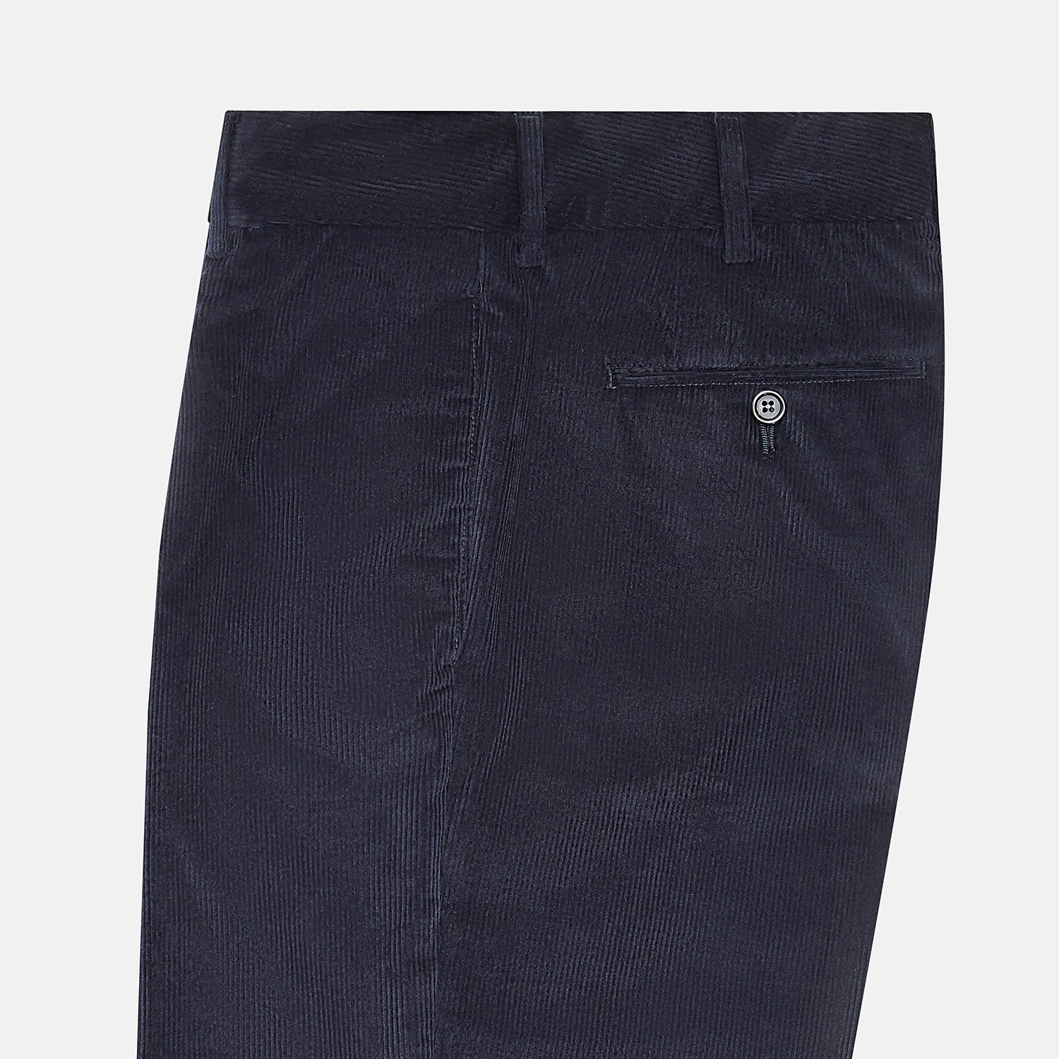 View 4 of product Turnbull & Asser’s Navy Corduroy Edward Trousers feature a straight-leg cut, button closure, and side pockets, shown on a plain white background.
