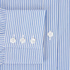View 4 of product The Sky Blue Halo Stripe Mayfair Shirt by Turnbull & Asser, a long-sleeved button-up with thin blue and white vertical stripes, classic collar and cuffs, is shown laid flat on a white background.