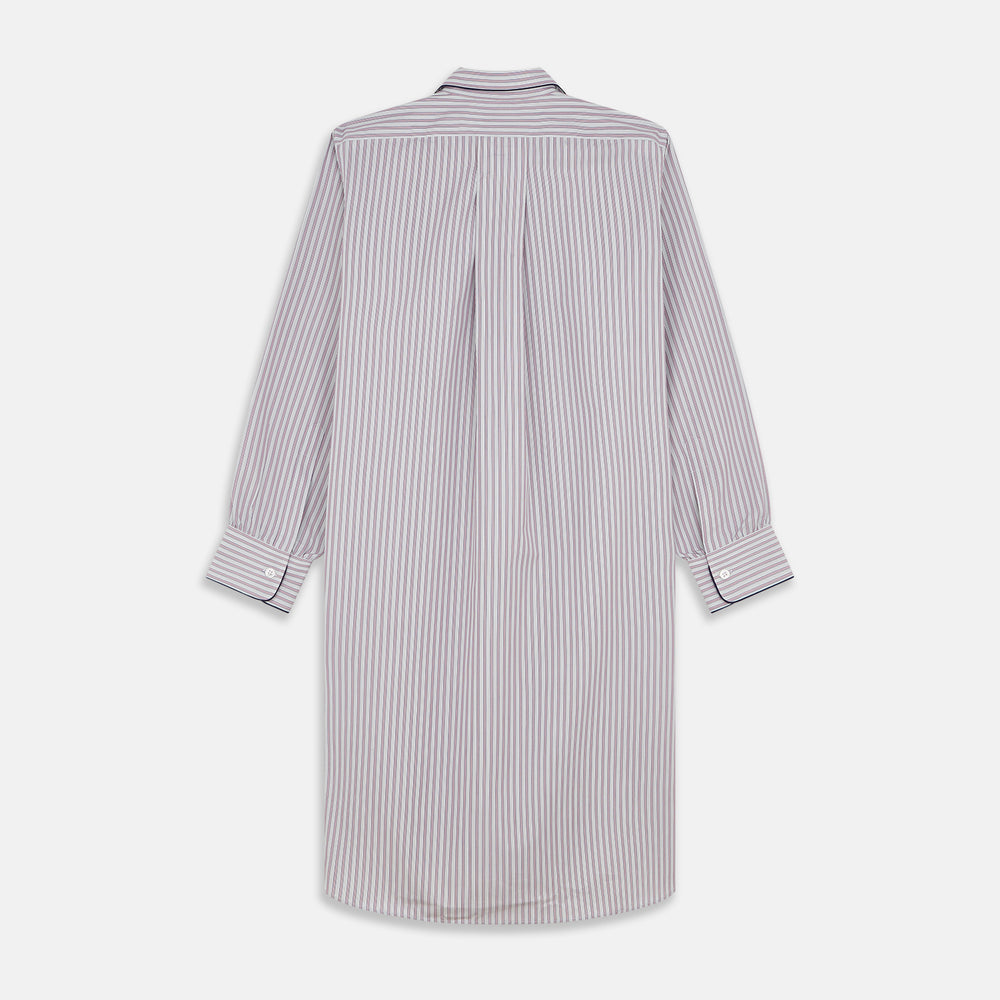The Turnbull & Asser Red and Blue Multi Stripe Cotton Sussex Nightshirt features long sleeves, a knee-length cut, collared neckline, button placket, chest pocket with dark trim, and rounded hem for luxurious sleepwear.