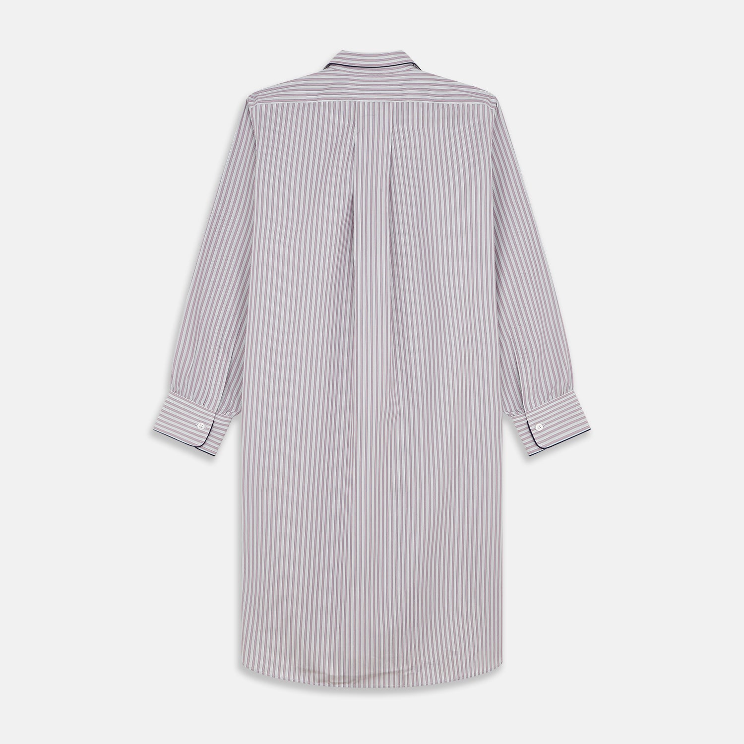 View 5 of product The Turnbull & Asser Red and Blue Multi Stripe Cotton Sussex Nightshirt features long sleeves, a knee-length cut, collared neckline, button placket, chest pocket with dark trim, and rounded hem for luxurious sleepwear.