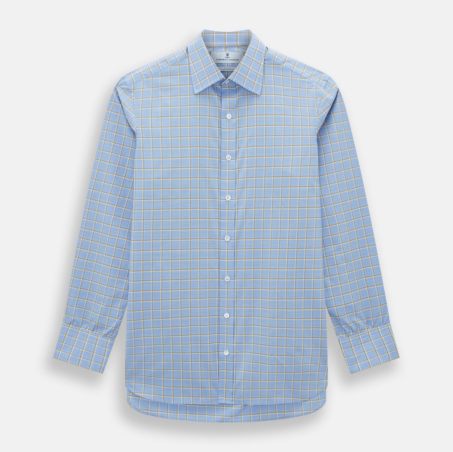 View 1 of product The Turnbull & Asser Blue and Yellow Windowpane Mayfair Shirt is crafted from fine Italian cotton, featuring a light blue base with yellow and white checks, shown on a plain white background.