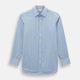 The Turnbull & Asser Blue and Yellow Windowpane Mayfair Shirt is crafted from fine Italian cotton, featuring a light blue base with yellow and white checks, shown on a plain white background.