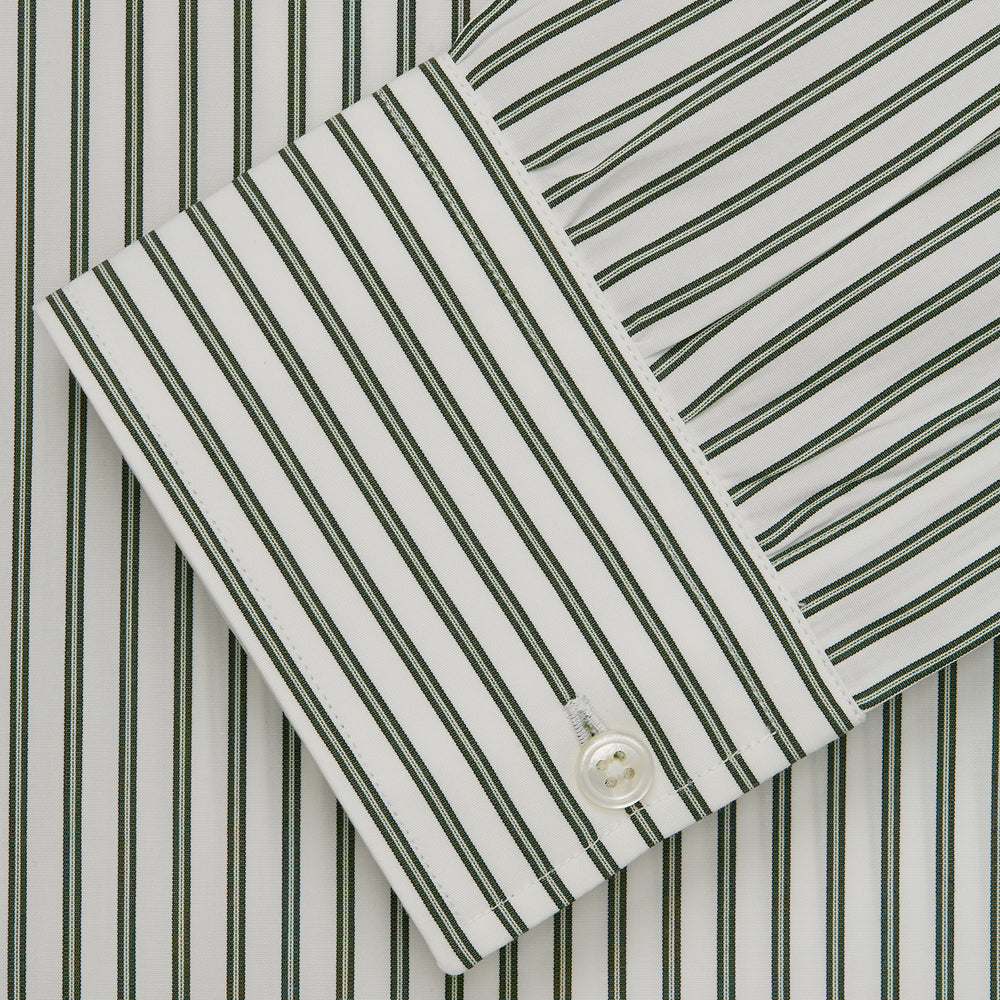 The Turnbull & Asser Green Stripe Weekend Fit Shirt features a derby collar, 1-button cuffs, and relaxed fit, perfect for smart-casual style, shown laid flat on a white background.