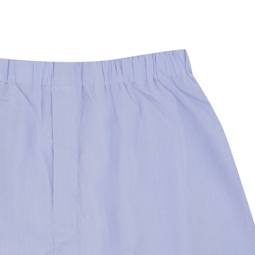 Turnbull & Asser Blue Fine Check Cotton Sea Island Quality Boxer Shorts for men, featuring an elastic waistband and shown laid flat on a plain white background.
