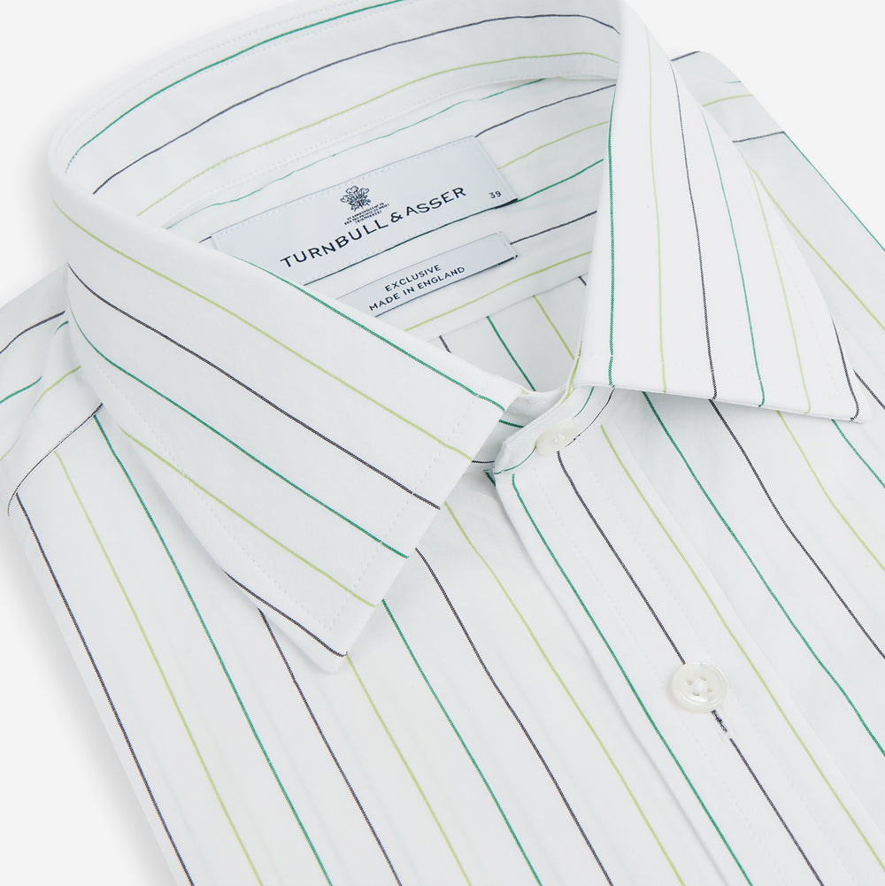 A Green Wide Pinstripe Mayfair Shirt by Turnbull & Asser, featuring long sleeves, a button-up front, and a T&A collar, is shown flat on a white background.