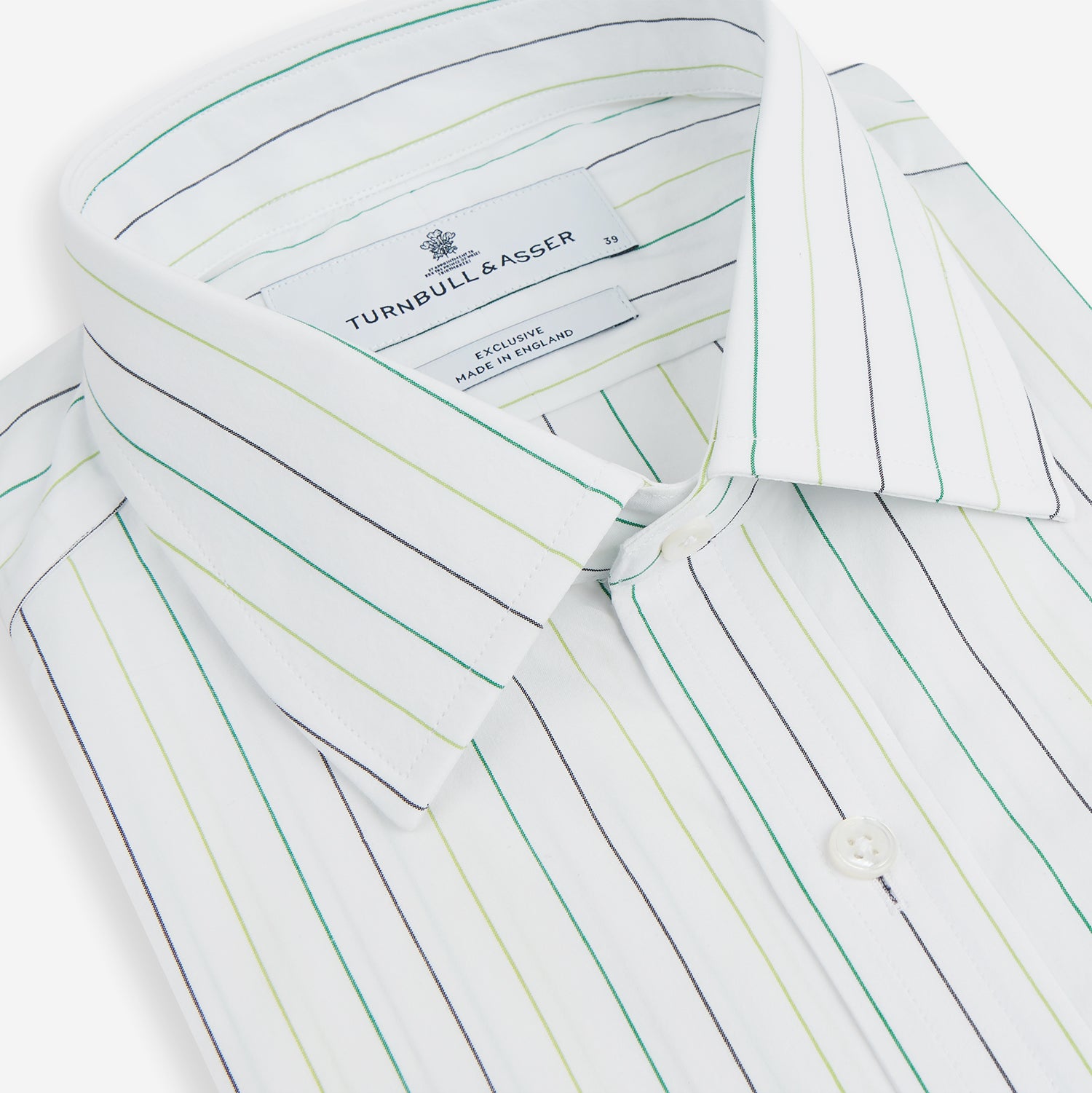 View 2 of product A Green Wide Pinstripe Mayfair Shirt by Turnbull & Asser, featuring long sleeves, a button-up front, and a T&A collar, is shown flat on a white background.