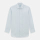The Turnbull & Asser Blue Wide Pinstripe Mayfair Shirt is a long-sleeved, collared, button-down style crafted from organic cotton, featuring wide blue pinstripes on a white background.