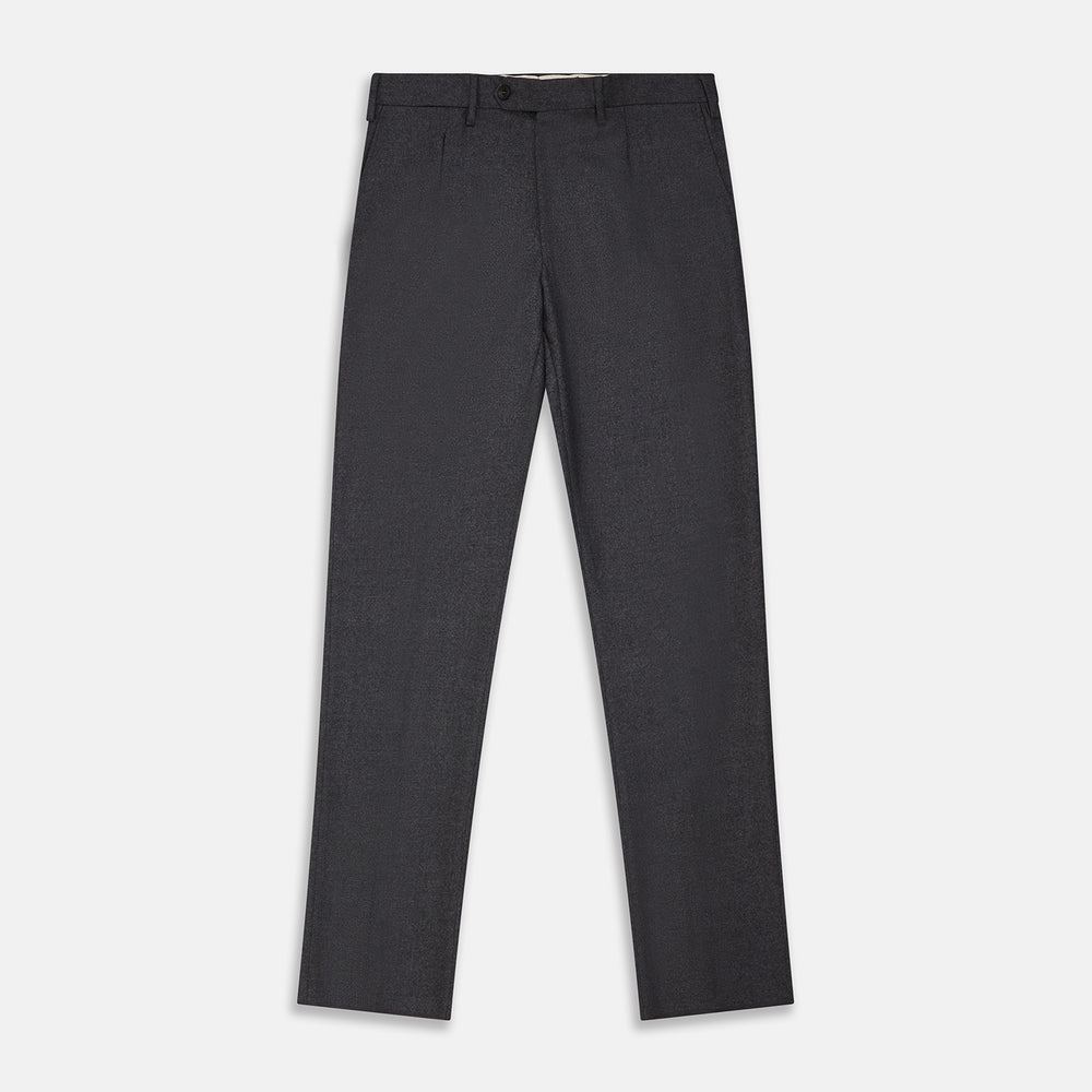 Turnbull & Asser Charcoal Wool Single Pleated Gerry Trousers shown on a white background, featuring a button and zipper closure, belt loops, and straight legs.