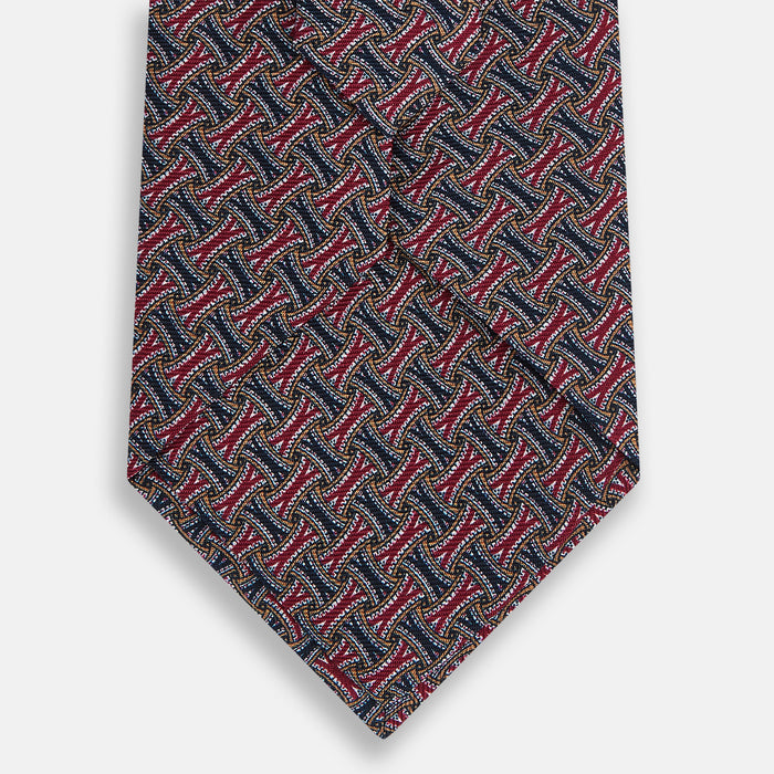 Burgundy and Navy Weave-Patterned Printed Silk Tie Image 2