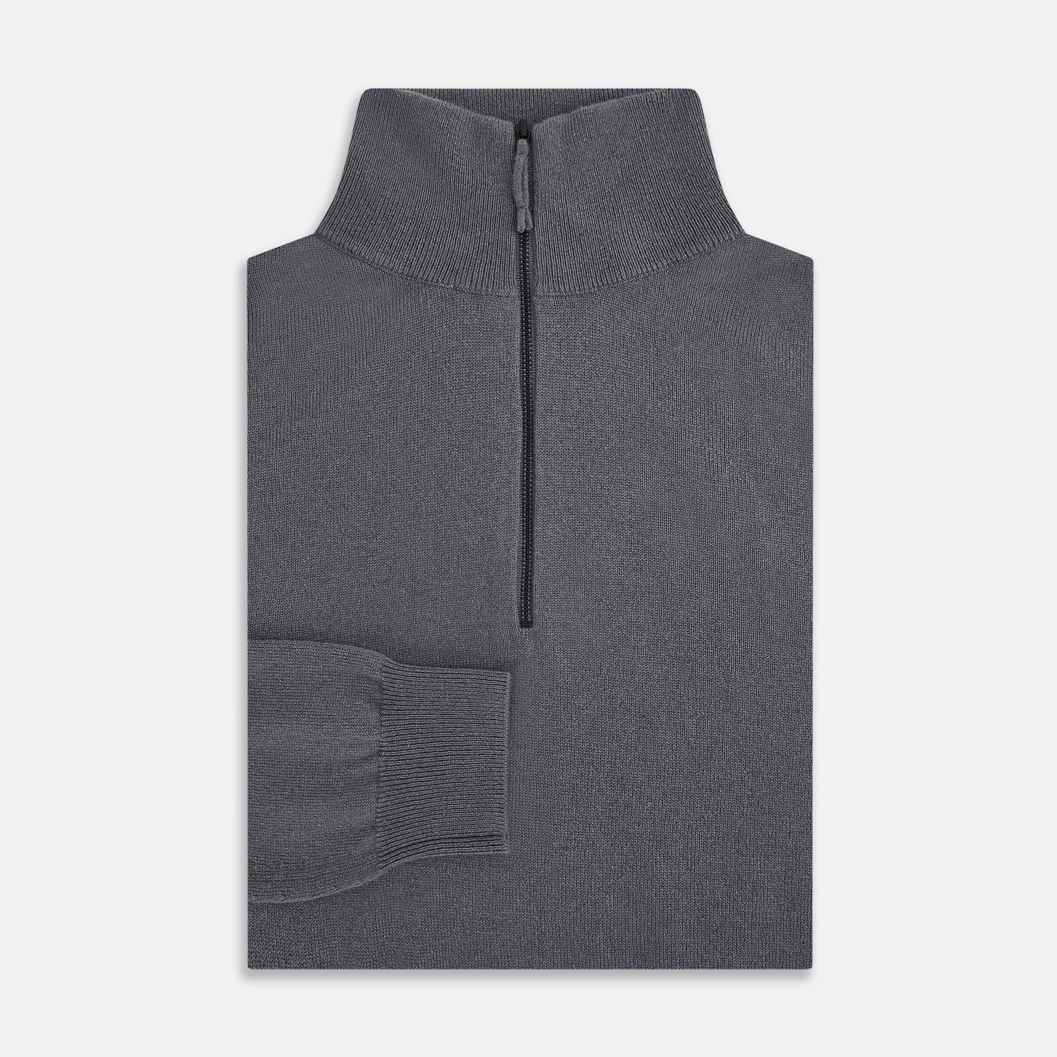 View 4 of product The Turnbull & Asser Grey Half-Zip Cashmere Jumper features long sleeves, a high collar, and premium yarn in dark gray. This classic knitwear is showcased against a white background.