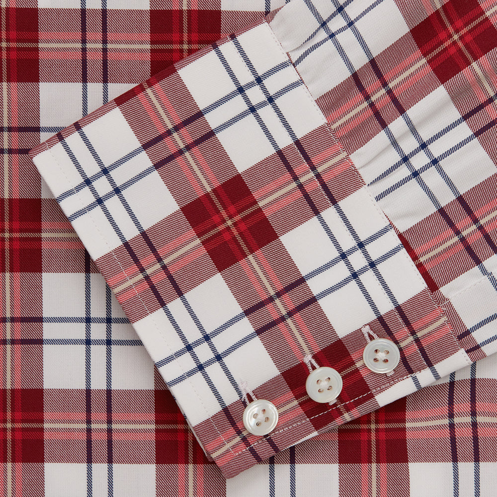 The Turnbull & Asser Red Check Shirt, featuring a T&A collar and 3-button cuffs, is displayed laid flat on a white background.