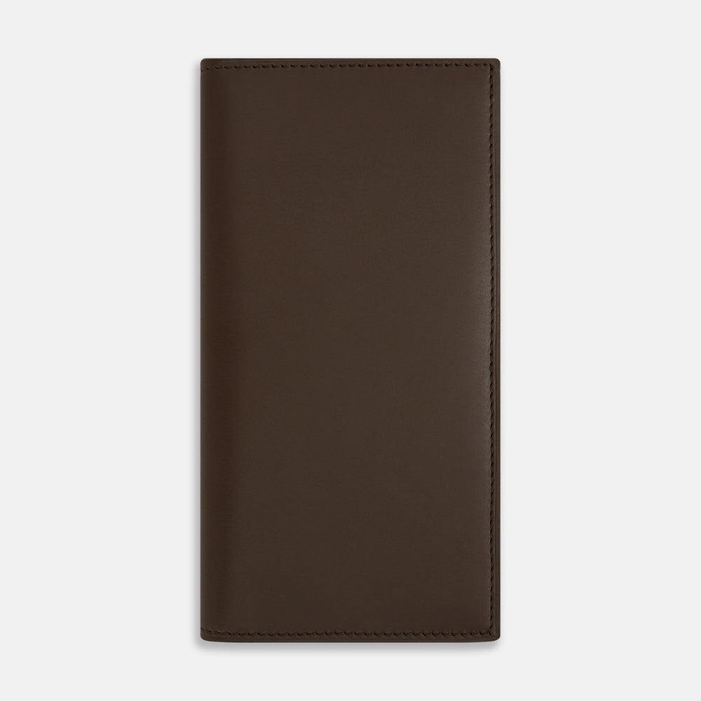 The Turnbull & Asser Dark Chocolate B Cut Continental Wallet features a simple rectangular design in rich brown Italian leather with clean edges and minimal stitching, shown closed on a plain white background.