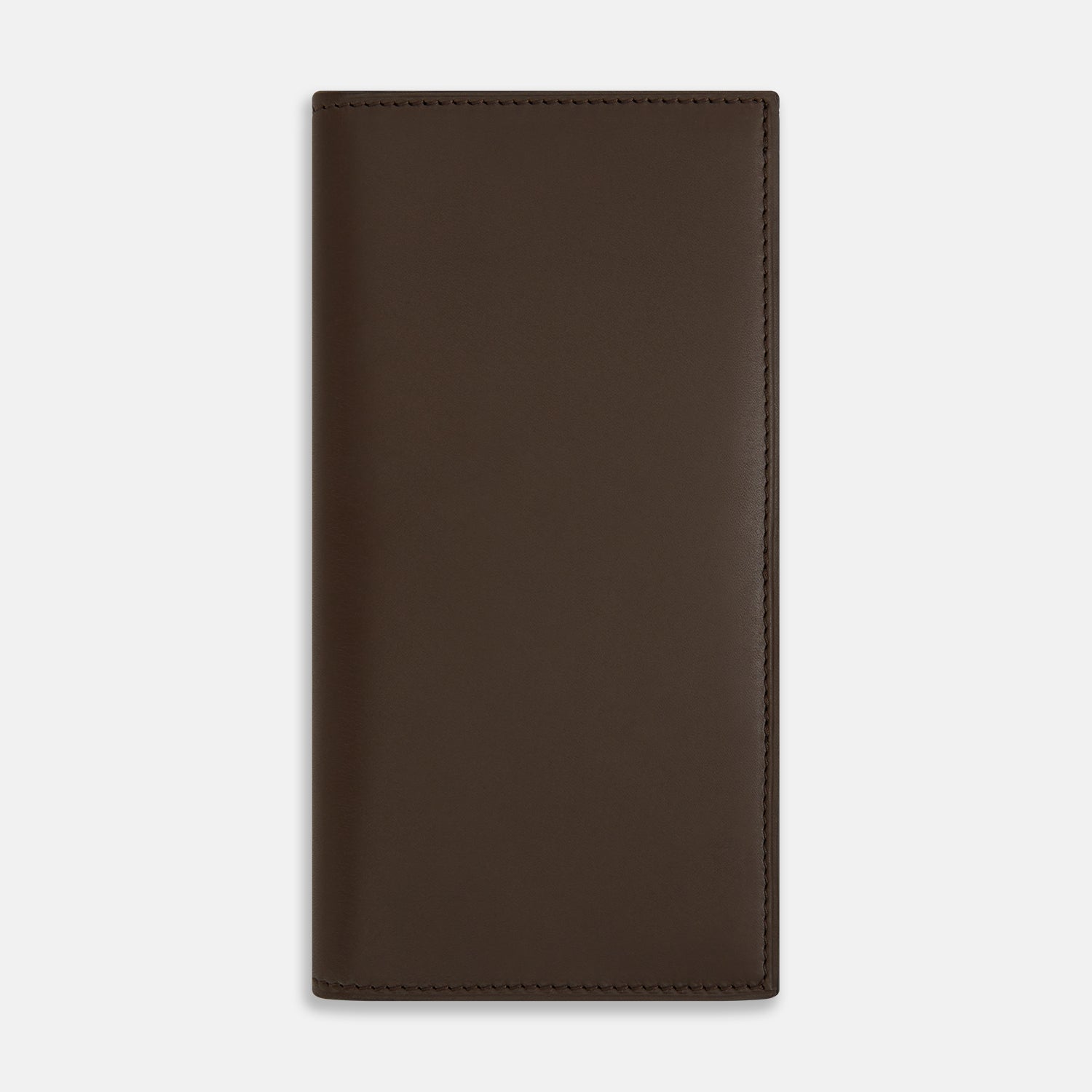 View 1 of product The Turnbull & Asser Dark Chocolate B Cut Continental Wallet features a simple rectangular design in rich brown Italian leather with clean edges and minimal stitching, shown closed on a plain white background.