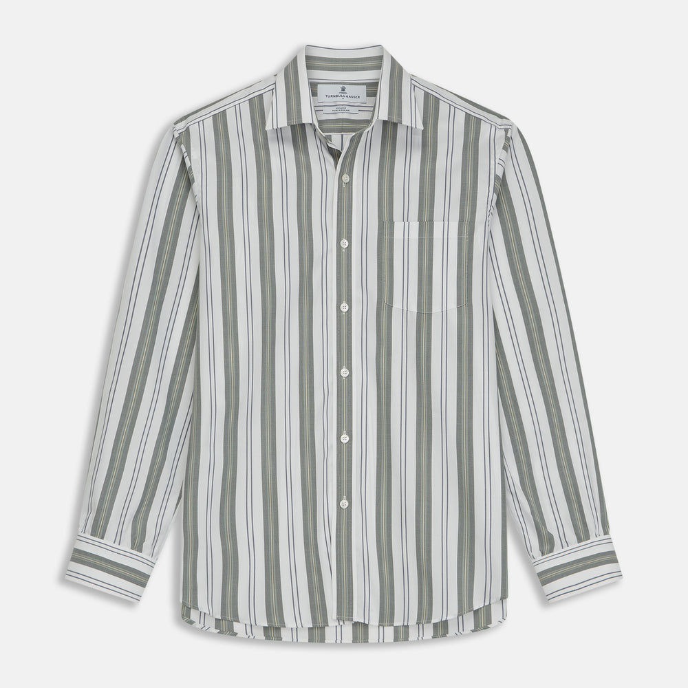 The Turnbull & Asser Green, Blue & White Stripe Weekend Fit Shirt features a Derby collar, 1-button cuffs, and chest pocket—ideal for stylish winter layering and classic sophistication.