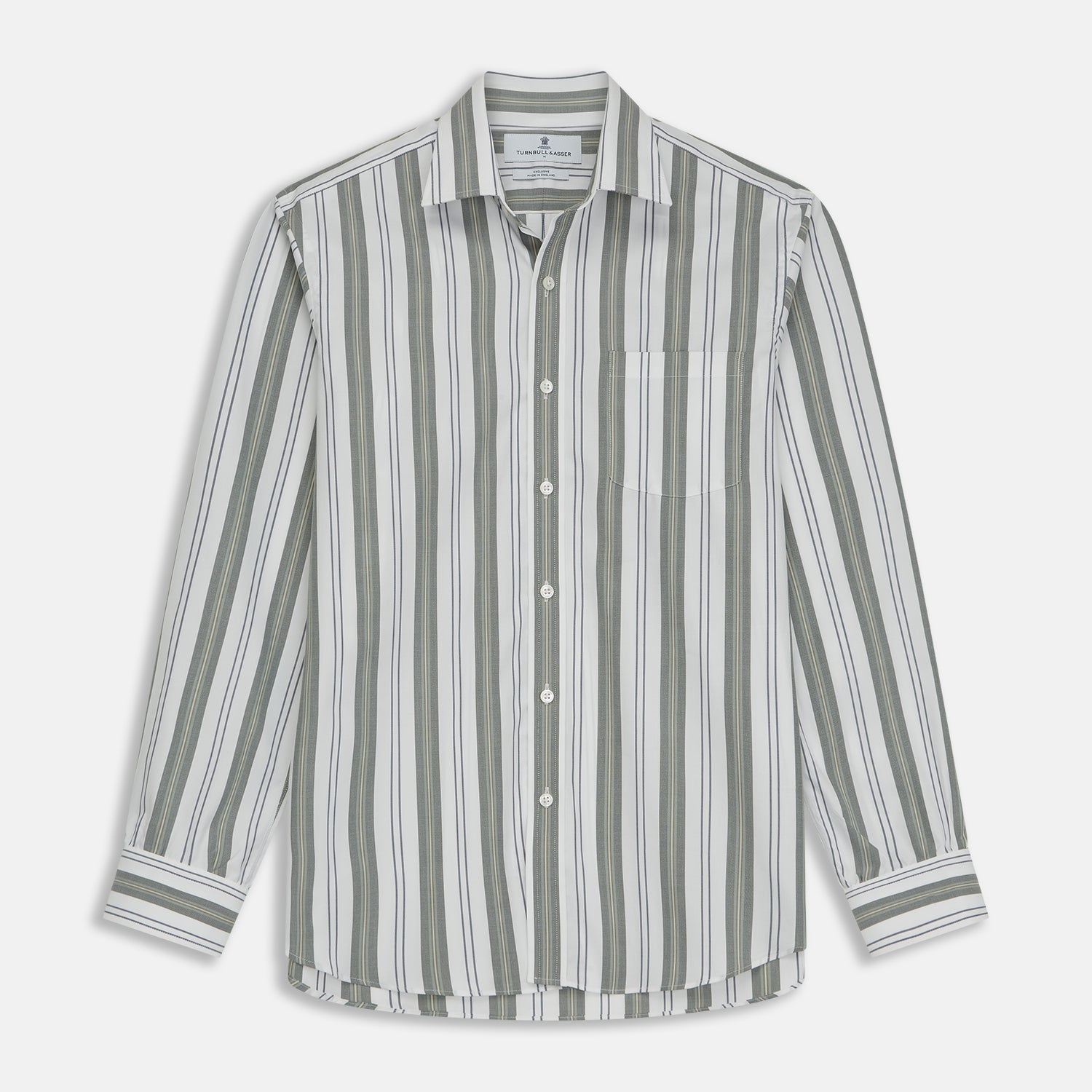 View 1 of product The Turnbull & Asser Green, Blue & White Stripe Weekend Fit Shirt features a Derby collar, 1-button cuffs, and chest pocket—ideal for stylish winter layering and classic sophistication.