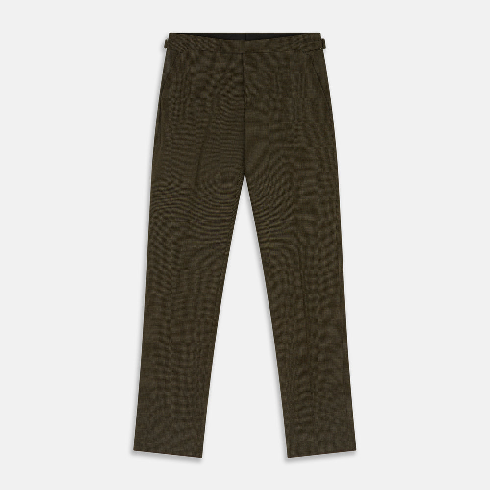 The Brown Puppytooth Wool Jonathan Trousers by Turnbull & Asser are straight-leg tailored trousers with belt loops, side pockets, and a front crease, shown on a white background.