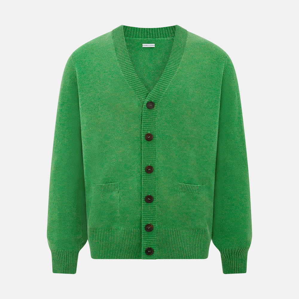 The Turnbull & Asser Lime Green Cashmere Cardigan features a V-neck, long sleeves, ribbed cuffs and hem, button-down front, and two front pockets—an essential knitwear piece shown against a plain white background.