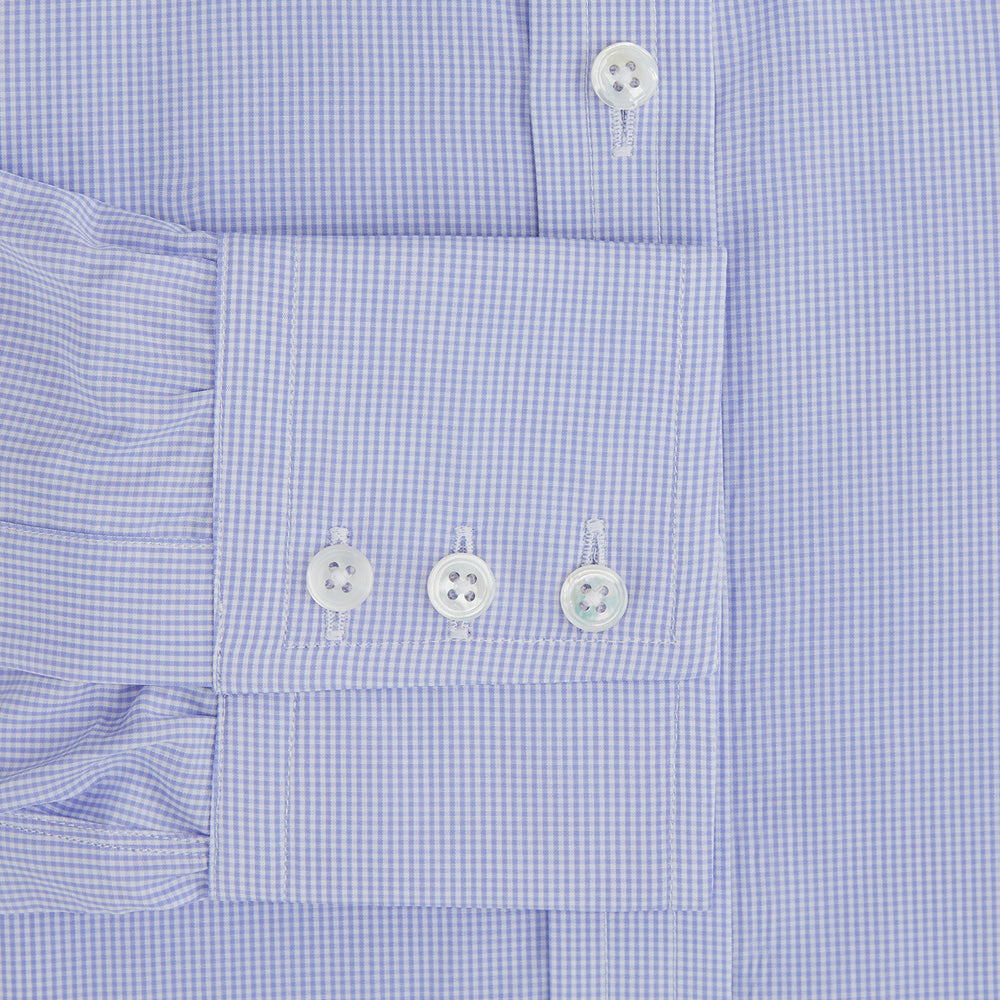 The Turnbull & Asser Blue Fine Check Sea Island Quality Cotton Shirt features a T&A collar, 3-button cuffs, and white buttons, shown on a plain white background.