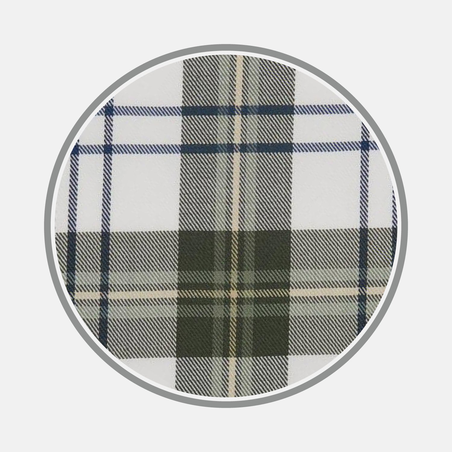 View 1 of product Circular swatch of Turnbull & Asser's Green Check Cotton Fabric, featuring dark green, navy blue, and beige intersecting lines on white, bordered by a gray ring.