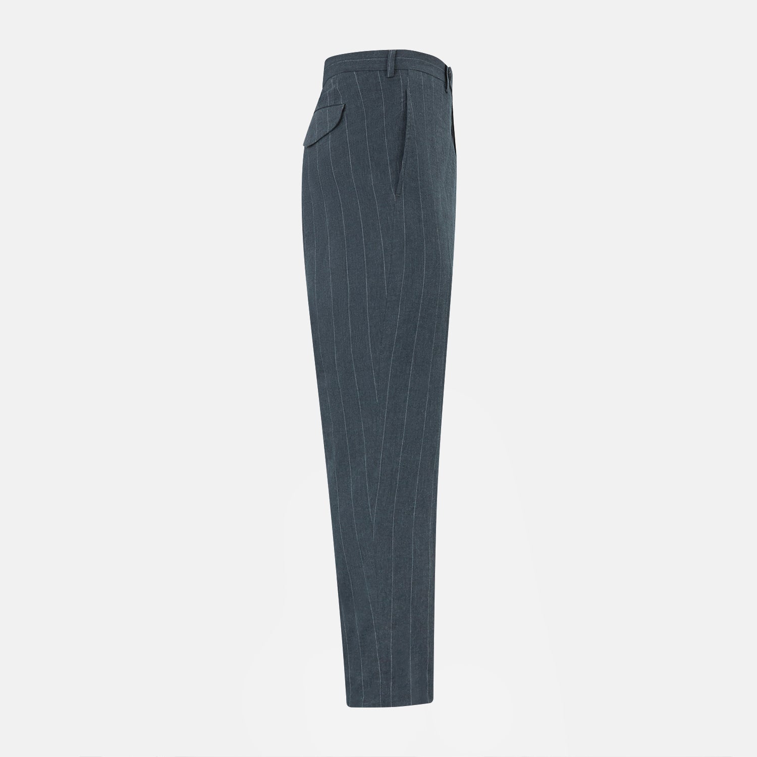 View 3 of product A pair of Forest Green Striped Edmund trousers by Turnbull & Asser, featuring a button and zip closure, belt loops, and a tailored straight-leg fit, shown against a plain white background.