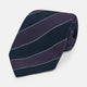 The Turnbull & Asser Purple And Navy Block Stripe Silk Blend Tie features dark navy and deep purple stripes with thin light gray lines, making it a refined formal accessory. Displayed on a white background.