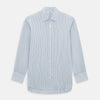 View 1 of product The Turnbull & Asser Sky Blue Shadow Pinstripe Mayfair Shirt, a long-sleeved, button-up shirt with a T&A collar and light blue and white thin vertical stripes, is displayed flat on a white background.