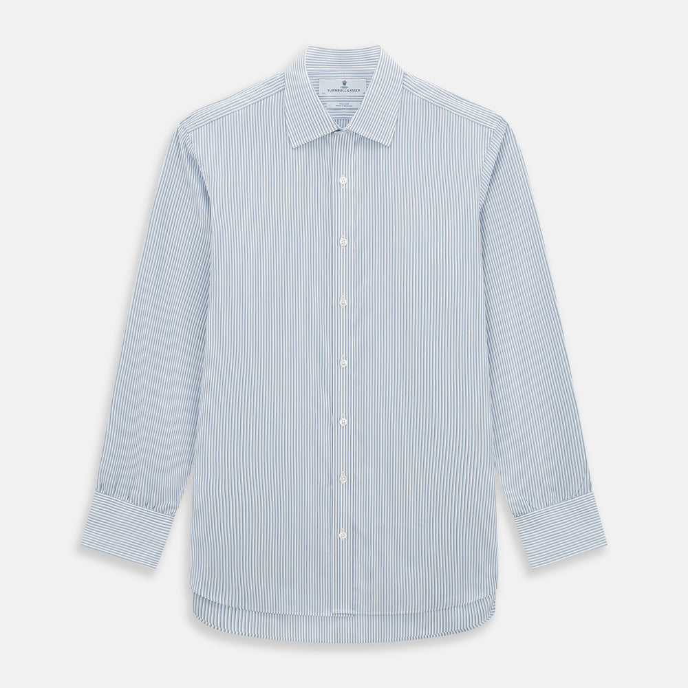 The Turnbull & Asser Sky Blue Shadow Pinstripe Mayfair Shirt, a long-sleeved, button-up shirt with a T&A collar and light blue and white thin vertical stripes, is displayed flat on a white background.