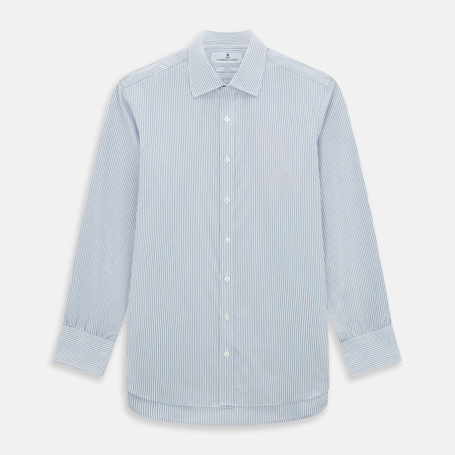 View 1 of product The Turnbull & Asser Sky Blue Shadow Pinstripe Mayfair Shirt, a long-sleeved, button-up shirt with a T&A collar and light blue and white thin vertical stripes, is displayed flat on a white background.