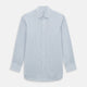The Turnbull & Asser Sky Blue Shadow Pinstripe Mayfair Shirt, a long-sleeved, button-up shirt with a T&A collar and light blue and white thin vertical stripes, is displayed flat on a white background.