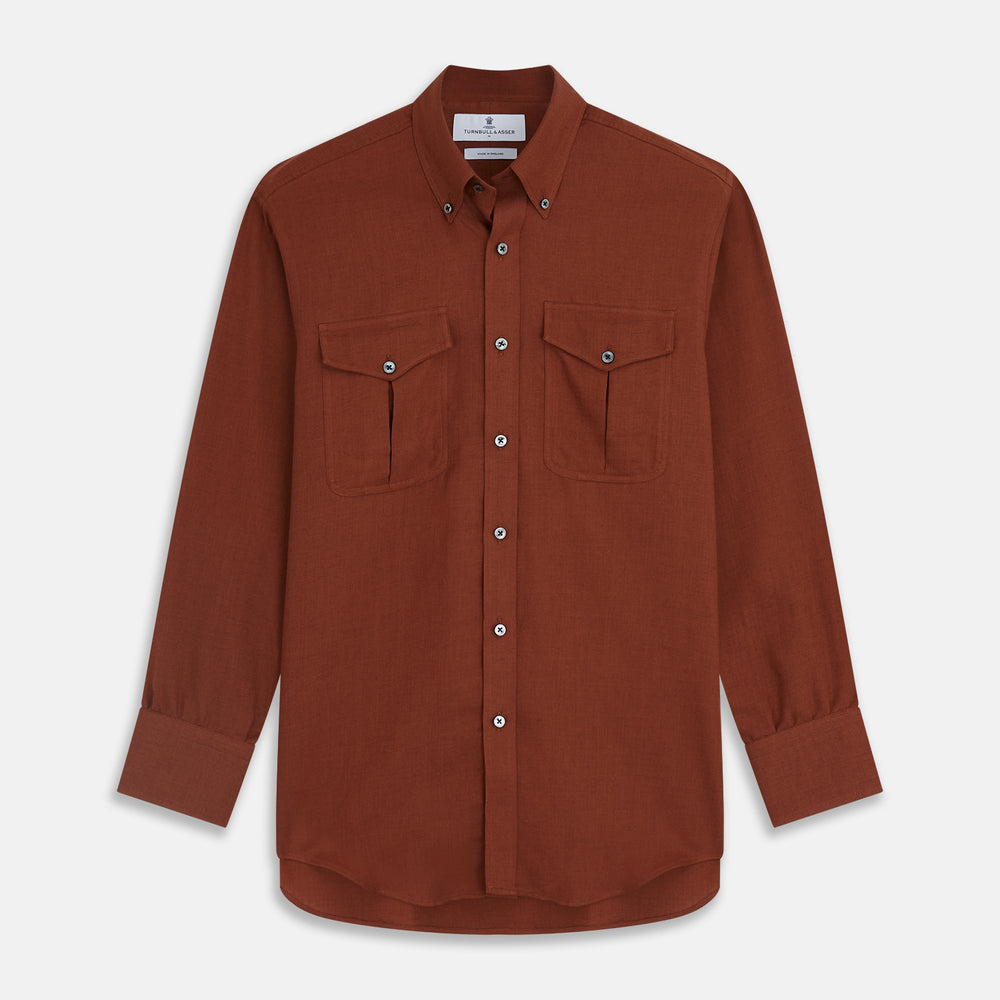 The Turnbull & Asser Burgundy Cotton and Cashmere Weekend Fit Shirt features a Dorset collar, 1-button cuffs, and a relaxed fit, shown flat against a white background.