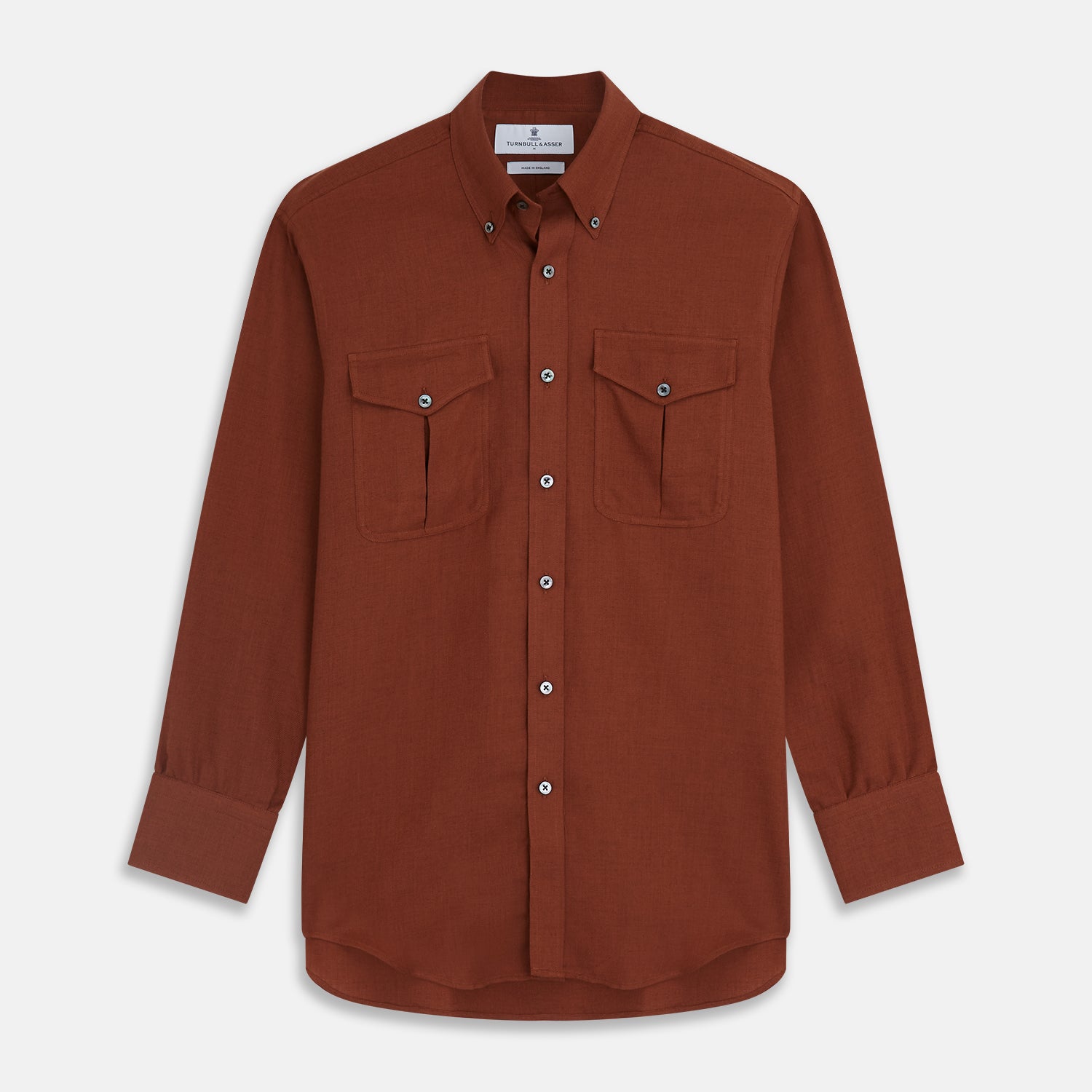 View 1 of product The Turnbull & Asser Burgundy Cotton and Cashmere Weekend Fit Shirt features a Dorset collar, 1-button cuffs, and a relaxed fit, shown flat against a white background.