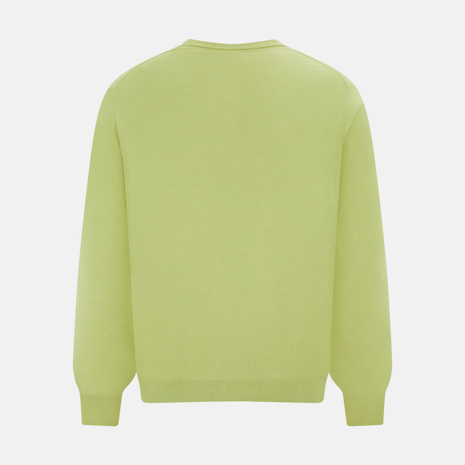 View 3 of product The Turnbull & Asser Melon Green Merino V-Neck Jumper is shown on a white background, featuring long sleeves, ribbed cuffs, and a ribbed hem.